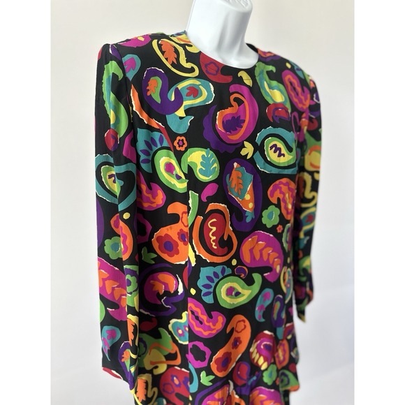 Black Bright Paisley VTG Louis Feraud Silk Drop Waist Ruffle Dress, Sz: 12 (b24) - Picture 3 of 6